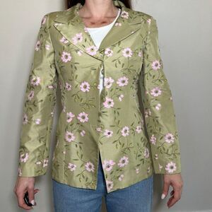 Vintage Noviello Bloom Suits 100% Silk Green Pink Floral Blazer Size 6